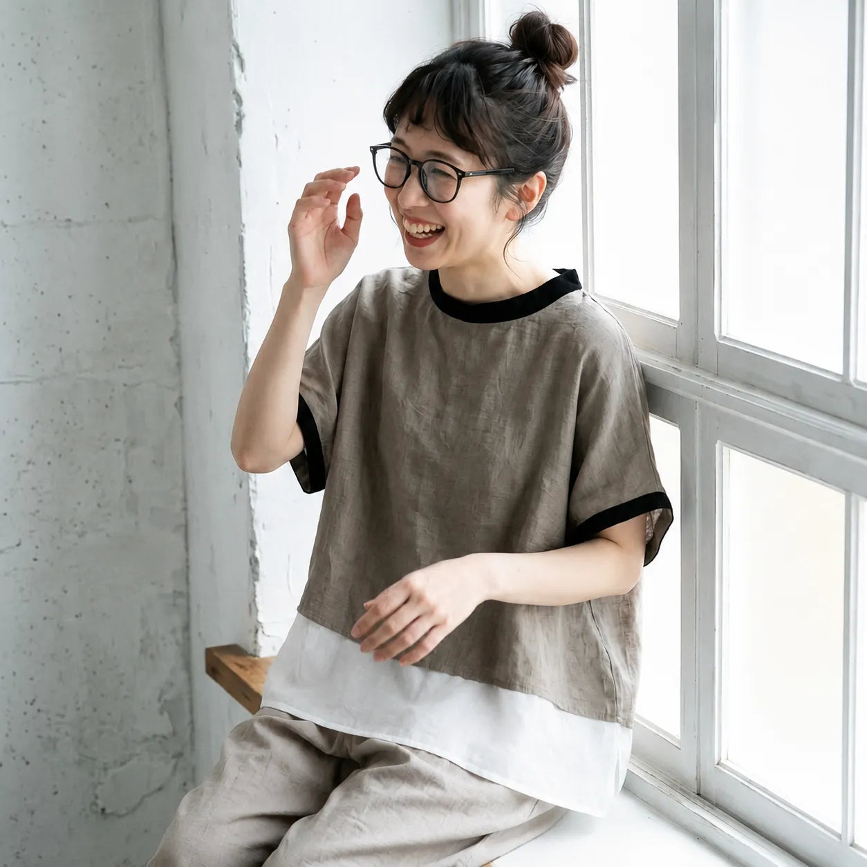 S-L 綿麻 ノーマルスリーブ 切り替え 半袖 重ね着風 配色 カジュアル シャツ