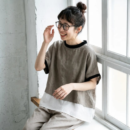 S-L 綿麻 ノーマルスリーブ 切り替え 半袖 重ね着風 配色 カジュアル シャツ