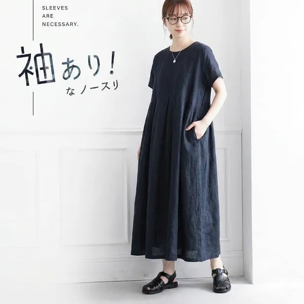 S-3XL 綿麻 無地 丸首 ギャザー ゆったり ナチュラル 大人カジュアル 通気性 体型カバー 夏コーデ 半袖 ワンピース