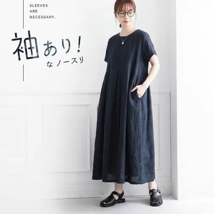 S-3XL 綿麻 無地 丸首 ギャザー ゆったり ナチュラル 大人カジュアル 通気性 体型カバー 夏コーデ 半袖 ワンピース