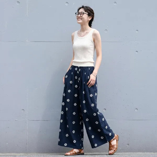 S~XL 綿麻 花柄 レトロ ハイウエスト ゆったり ストレート レディースパンツ