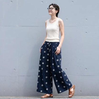 S~XL 綿麻 花柄 レトロ ハイウエスト ゆったり ストレート レディースパンツ