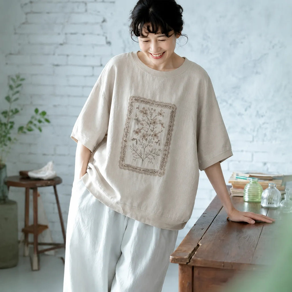 M-2XL ナチュラル プリント コットン混 半袖Tシャツ 体型カバー ルーズ