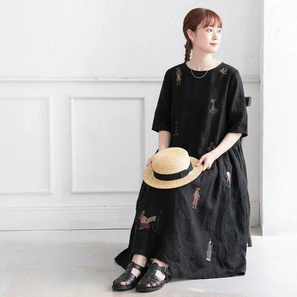 M-2XL リネン 刺繍 丸首 半袖 Aライン ワンピース