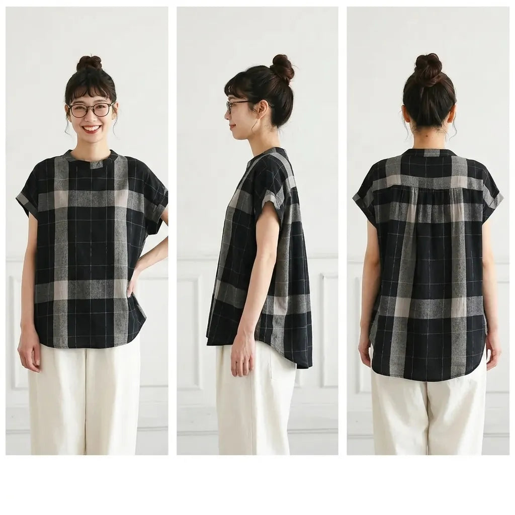 M-2XL ラ綿麻 ウンドネック チェック柄 ノースリーブ シンプル Tシャツ