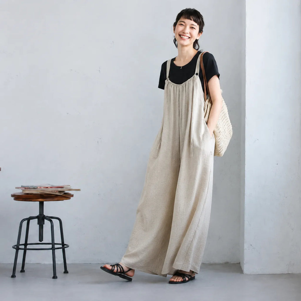 さらりリネン混すとんとした大人カジュアルなサロペットパンツ