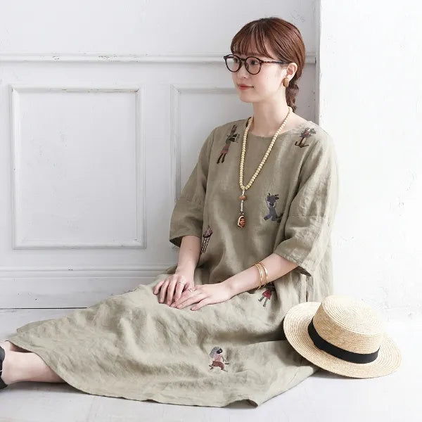M-2XL リネン 刺繍 丸首 半袖 Aライン ワンピース
