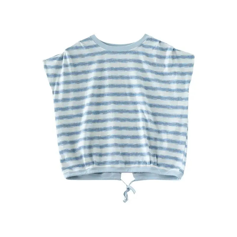晴れた日のまぶしい波の色、丸首のフレンチTシャツ