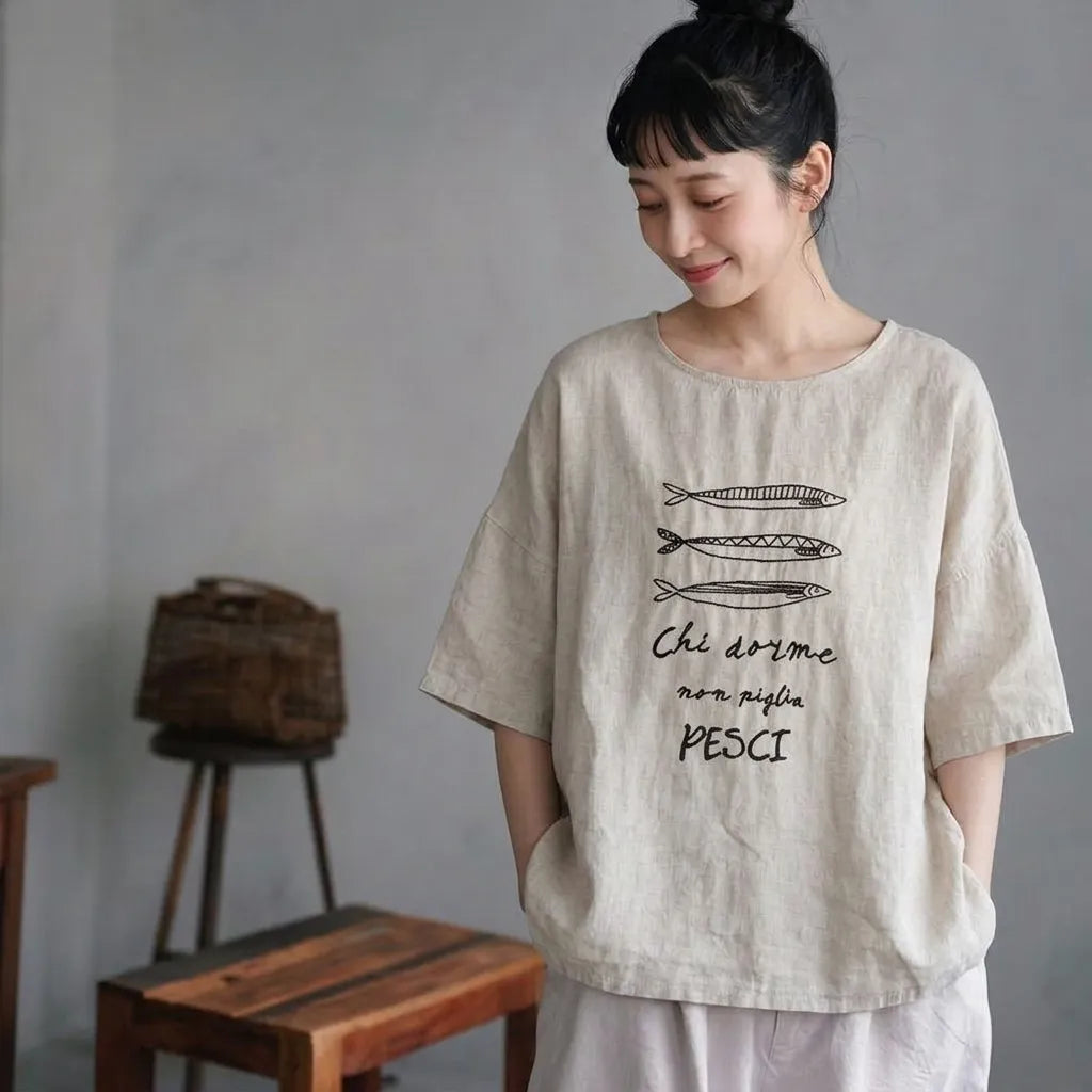 宵闇の屋上で星屑を数える、リネン混プルオーバー Tシャツ