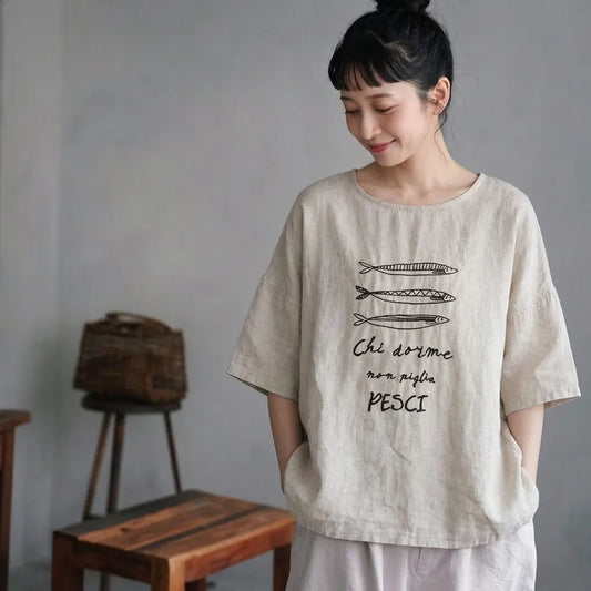 宵闇の屋上で星屑を数える、リネン混プルオーバー Tシャツ