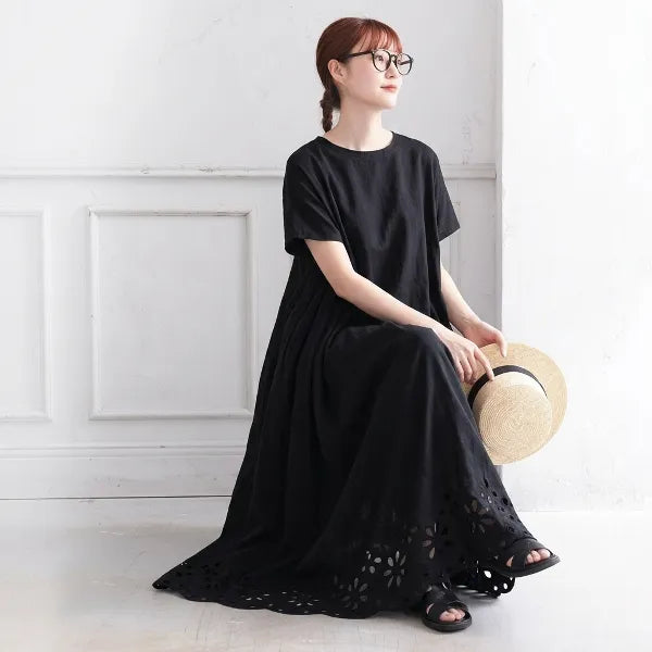L-3XL 丸首半袖 切り替え カジュアル風 ワンピース