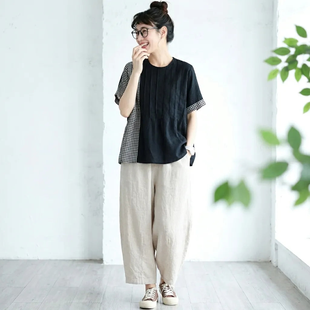 M-XL 綿麻 チェック柄 プリーツ 切り替え Tシャツ