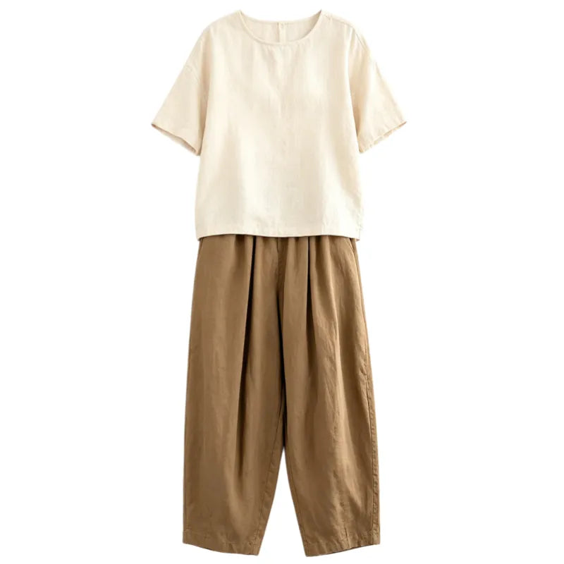 【2点セット】クルーネック綿麻半袖トップ×サルエルパンツ