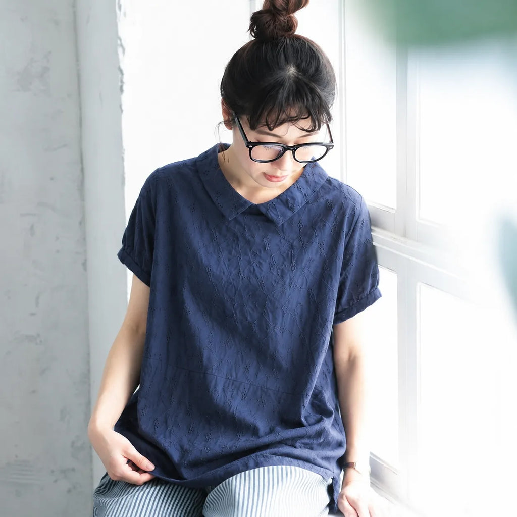 ナチュラル M~2XL リラックス＆レトロな夏の定番アイテム 半袖ブラウス/ダボシャツ・ラクに着られる