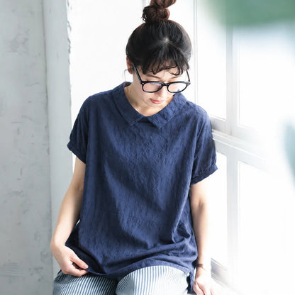 ナチュラル M~2XL リラックス＆レトロな夏の定番アイテム 半袖ブラウス/ダボシャツ・ラクに着られる