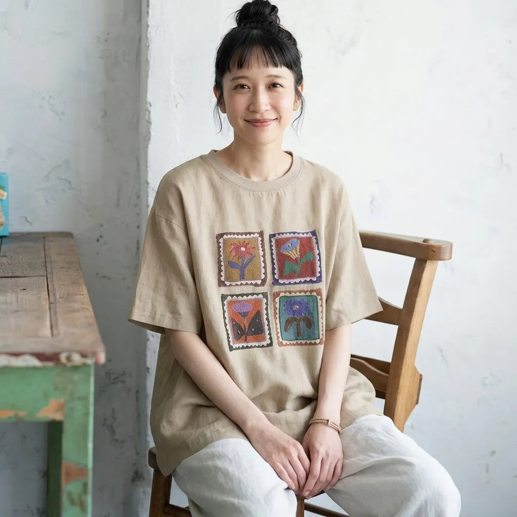 ルーズな雰囲気細見え半袖プルオーバーTシャツ