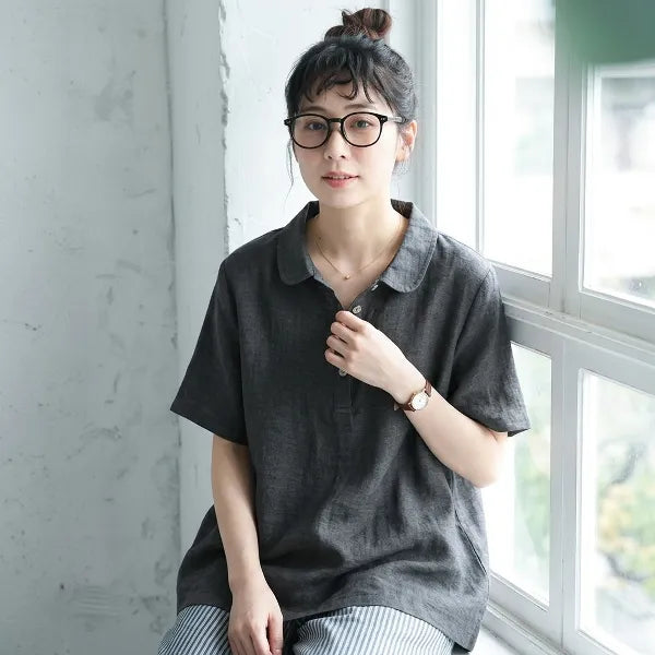 【Ｍ-2XL】リネン生地 綿麻 POLOネック ボタン半開き | 通勤 シャツ
