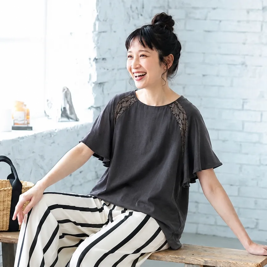 【単品注文】刺繍5分袖Tシャツ×ストライプストレートパンツ
