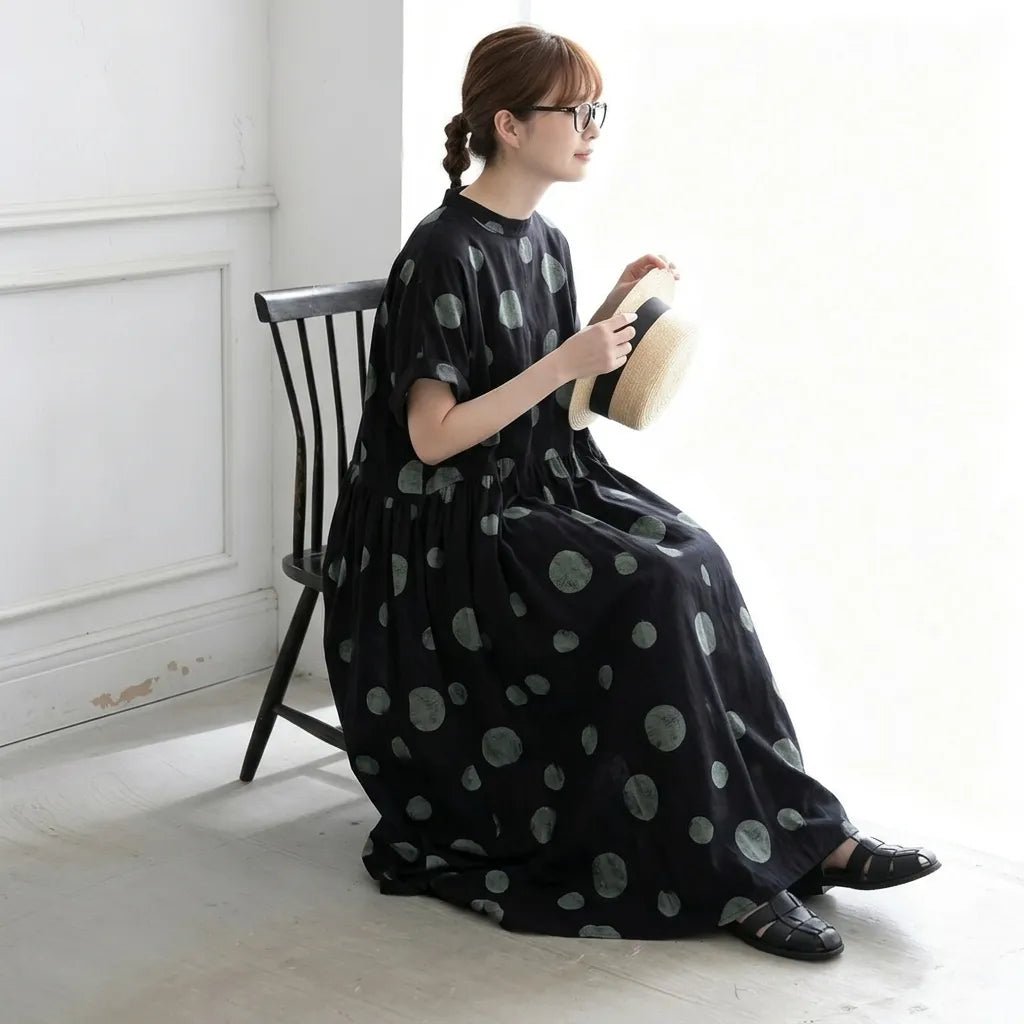 M-2XL 夏でも涼しい カフェ時間に プリーツ ポケット付き ドット柄 レトロ 半袖ワンピース