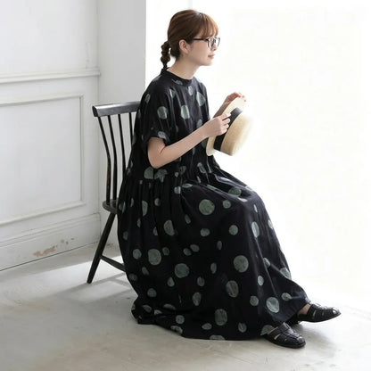 M-2XL 夏でも涼しい カフェ時間に プリーツ ポケット付き ドット柄 レトロ 半袖ワンピース
