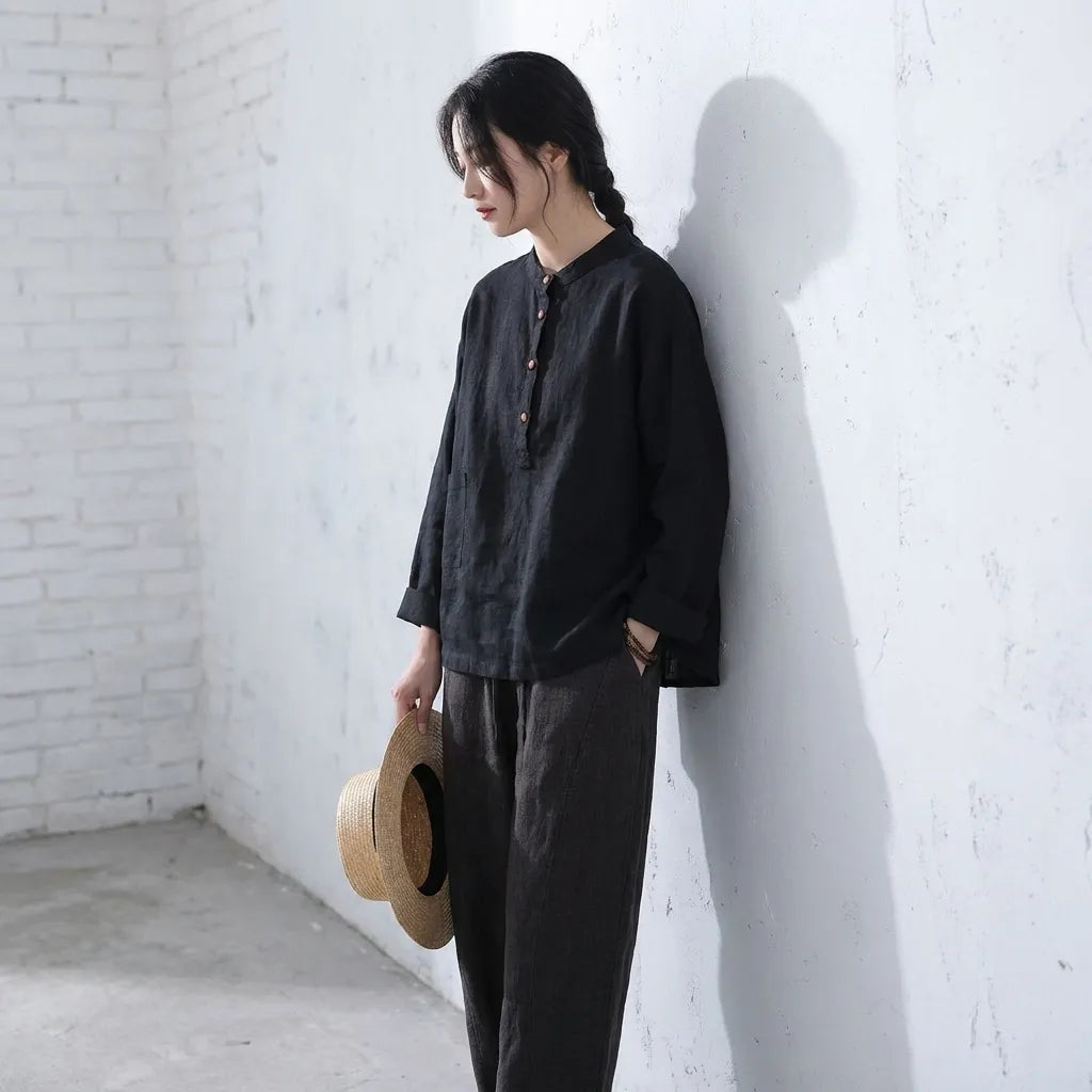 M~3XL レトロ コットン リネン 立襟 プルオーバー 長袖シャツ