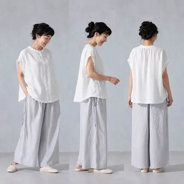 M~2XL 綿麻 スタンドネック 切り替え 無地 デイリー 体型をカバー カジュアル シャツ