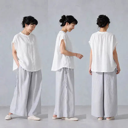 M~2XL 綿麻 スタンドネック 切り替え 無地 デイリー 体型をカバー カジュアル シャツ