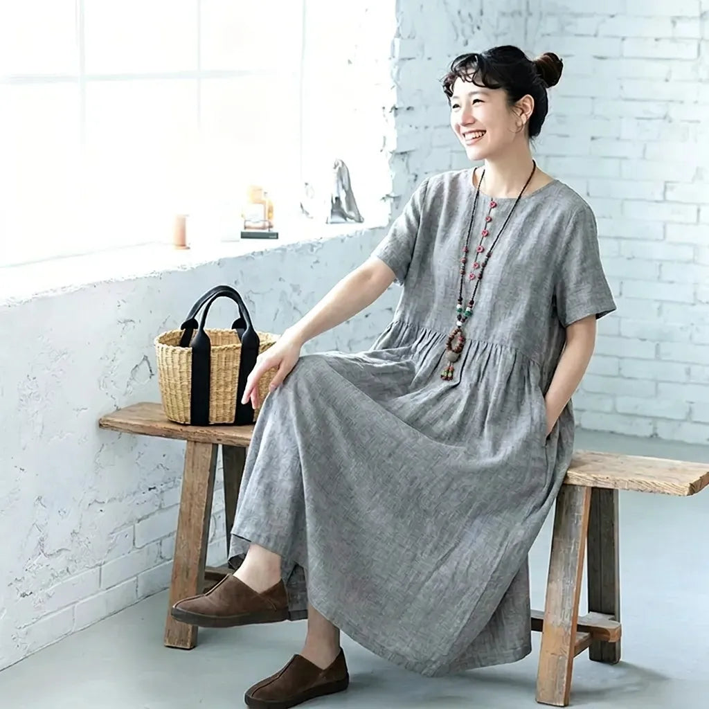 M-2XL 綿麻 Aライン ボタン ノーマルスリーブ 五分袖ワンピース