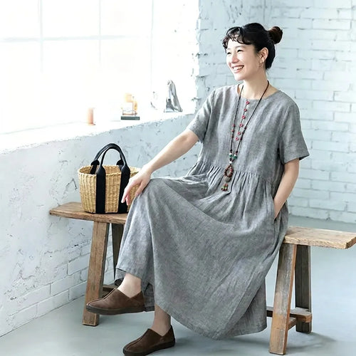 M-2XL 綿麻 Aライン ボタン ノーマルスリーブ 五分袖ワンピース
