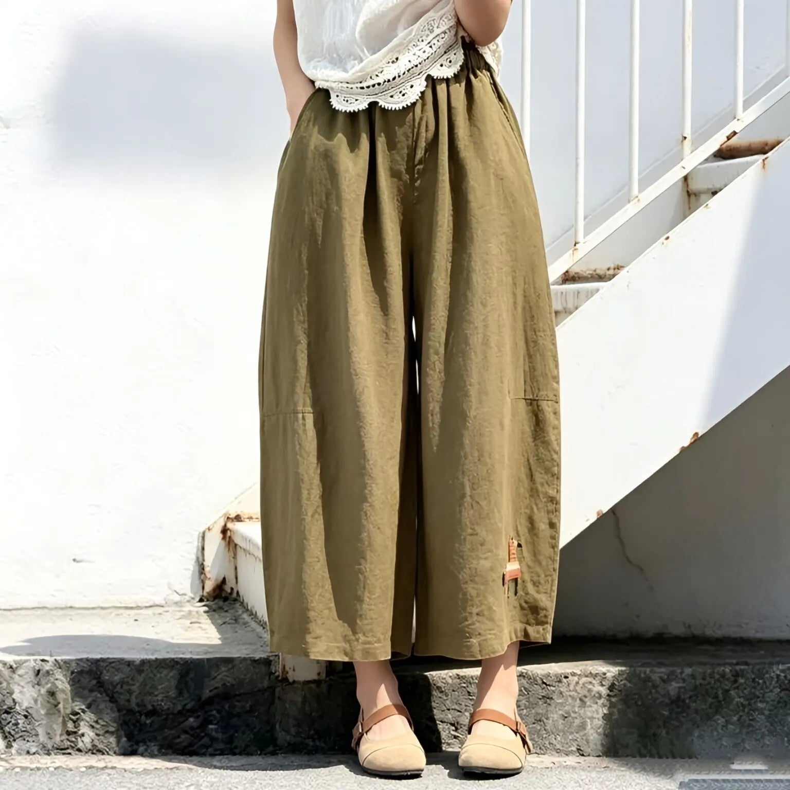 M-5XL 綿麻 アンクル丈（9分丈） 肌触り柔らかい 刺繍 カートゥーン ビックシルエット ファッション ガウチョパンツ