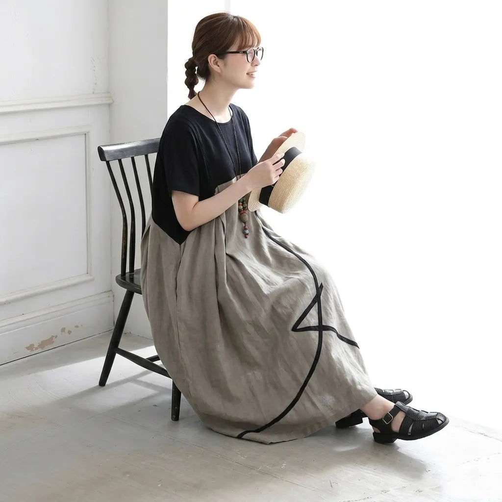 M-2XL 柔らかい肌触りストレート 配色 切り替え 半袖ワンピース