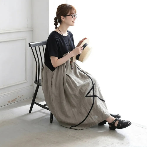 M-2XL 柔らかい肌触りストレート 配色 切り替え 半袖ワンピース