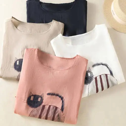 ねこと過ごす、風通しのいいコットンリネンTシャツ