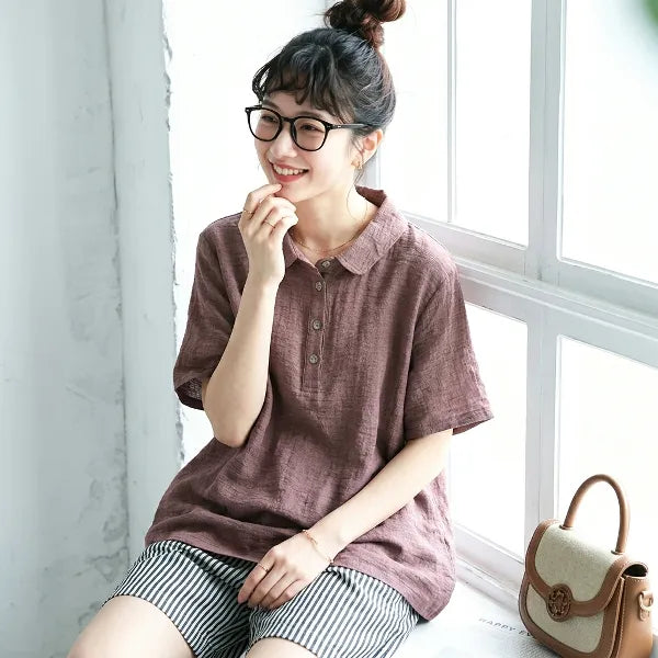 【Ｍ-2XL】リネン生地 綿麻 POLOネック ボタン半開き | 通勤 シャツ