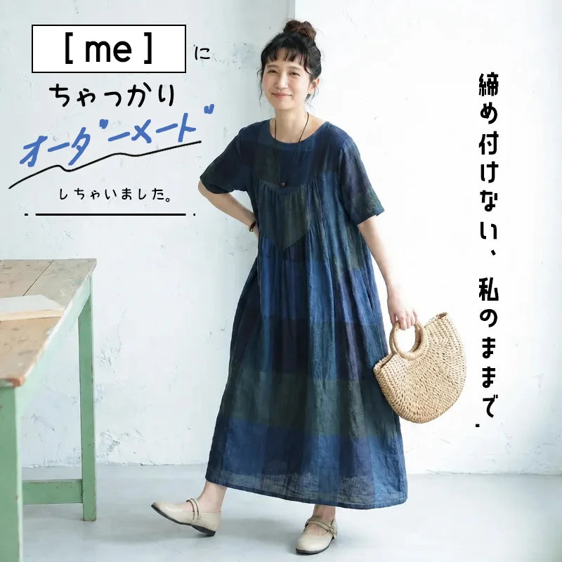 涼風の紺リネンチェック柄カジュアルワンピース