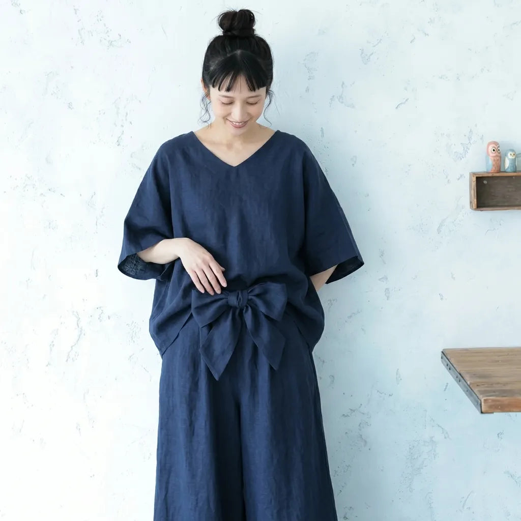 【2点セット】背スリットボタン V 半袖トップス リボンパンツ