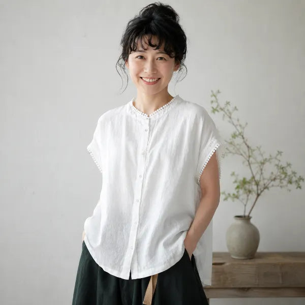M~2XL 綿麻 スタンドネック 切り替え 無地 デイリー 体型をカバー カジュアル シャツ