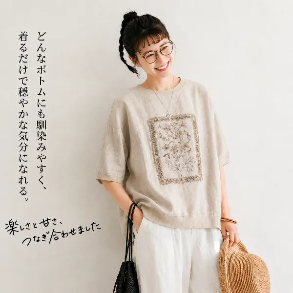 M-2XL ナチュラル プリント コットン混 半袖Tシャツ 体型カバー ルーズ