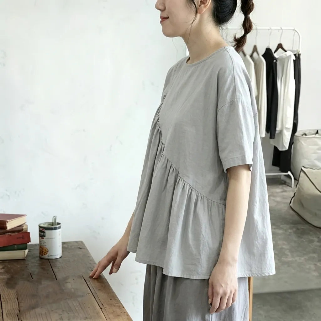 S-4XL ラウンドネック プルオーバー 半袖 プリーツ 無地 ファッション Tシャツ