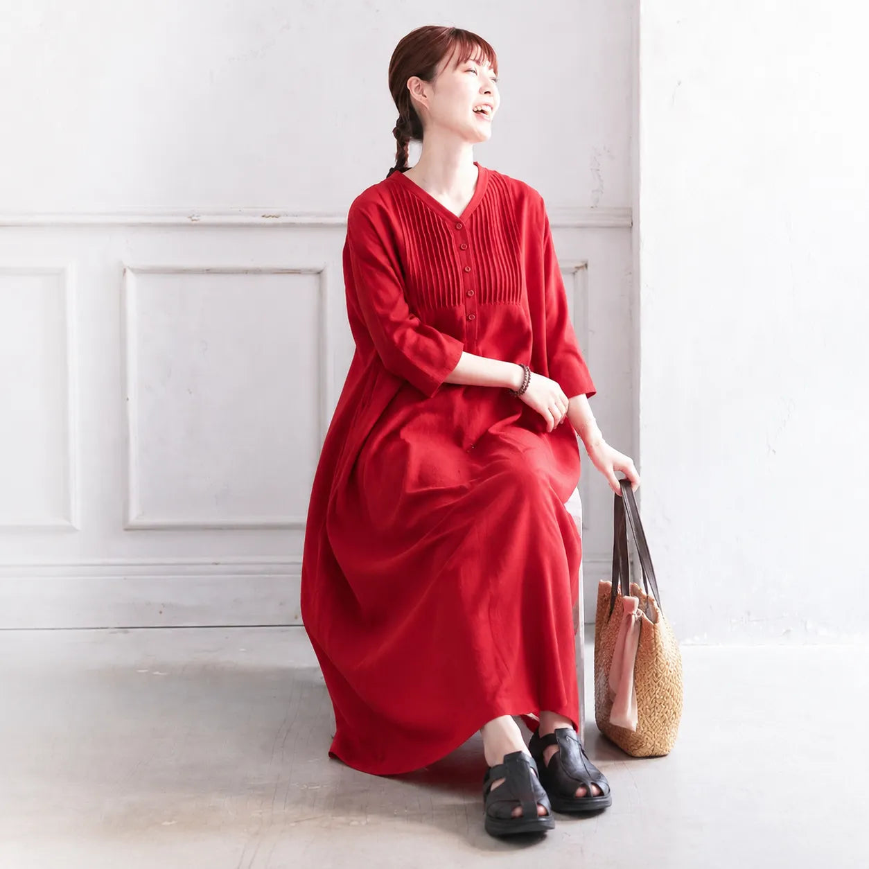 M-3XL 綿麻 リーツ 五分袖 無地 シンプル 半袖ワンピース