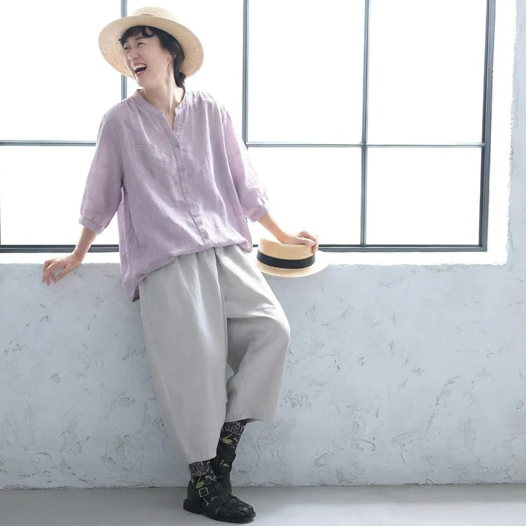 【綿麻】ゆったり シングルボタン 体型カバー 大人カジュアル レディース 半袖Tシャツ