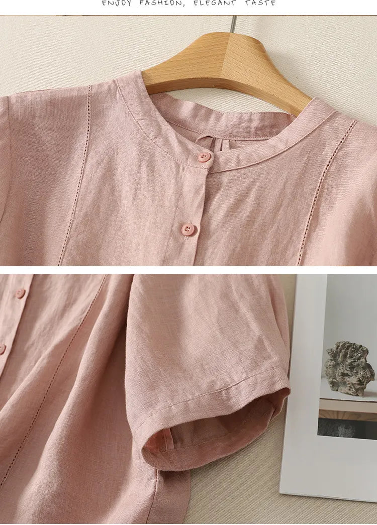 M-2XL ナチュラル 刺繍 レトロ 綿麻 立襟 五分袖 無地 シャツ