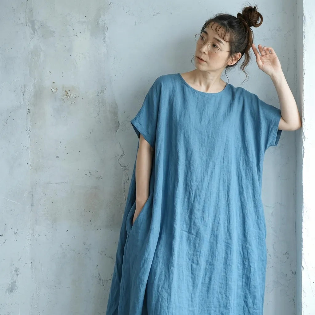 M-XL 脇ポケットリネン ロングワンピース ナチュラル