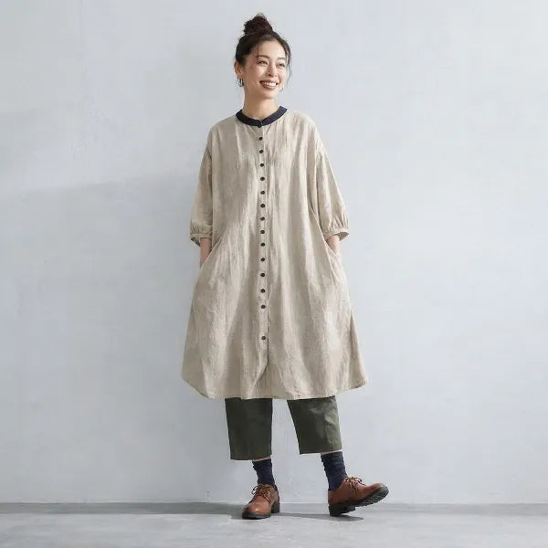 M-2XL リラックス感たっぷり リネン調ワンピース カーディガン カジュアルなお出かけに