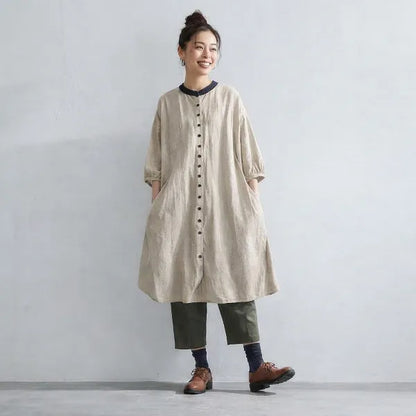 M-2XL リラックス感たっぷり リネン調ワンピース カーディガン カジュアルなお出かけに