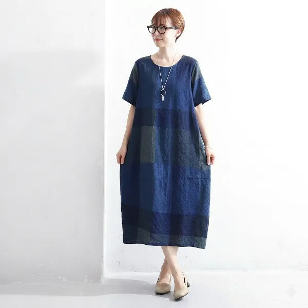M-2XL 綿麻 チェック柄 Aライン 半袖 カジュアル 半袖ワンピース