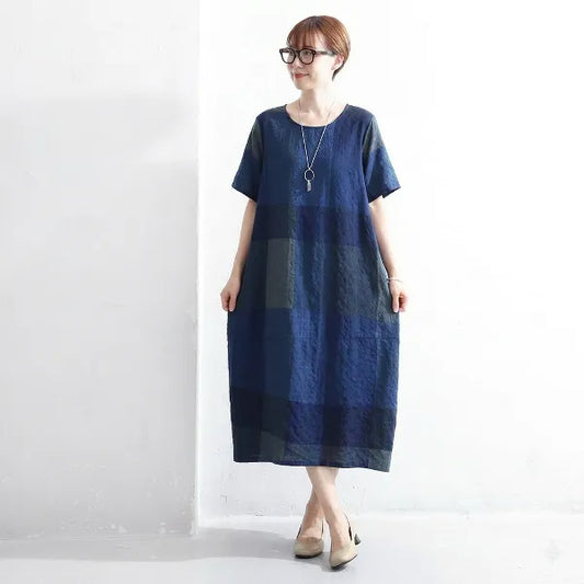 M-2XL 綿麻 チェック柄 Aライン 半袖 カジュアル 半袖ワンピース