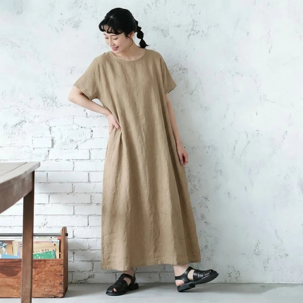 M-XL 脇ポケットリネン ロングワンピース ナチュラル
