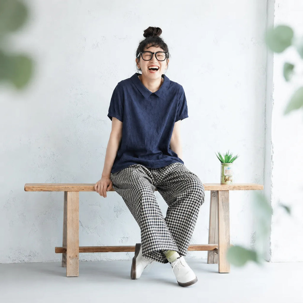 ナチュラル M~2XL リラックス＆レトロな夏の定番アイテム 半袖ブラウス/ダボシャツ・ラクに着られる