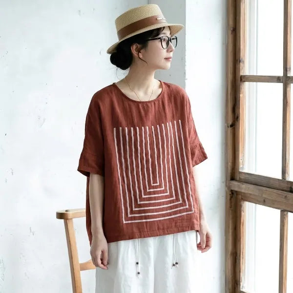 M-2XL ダブルガーゼ ラウンドネック 半袖 プリント ノーマルスリーブ 森ガール Tシャツ